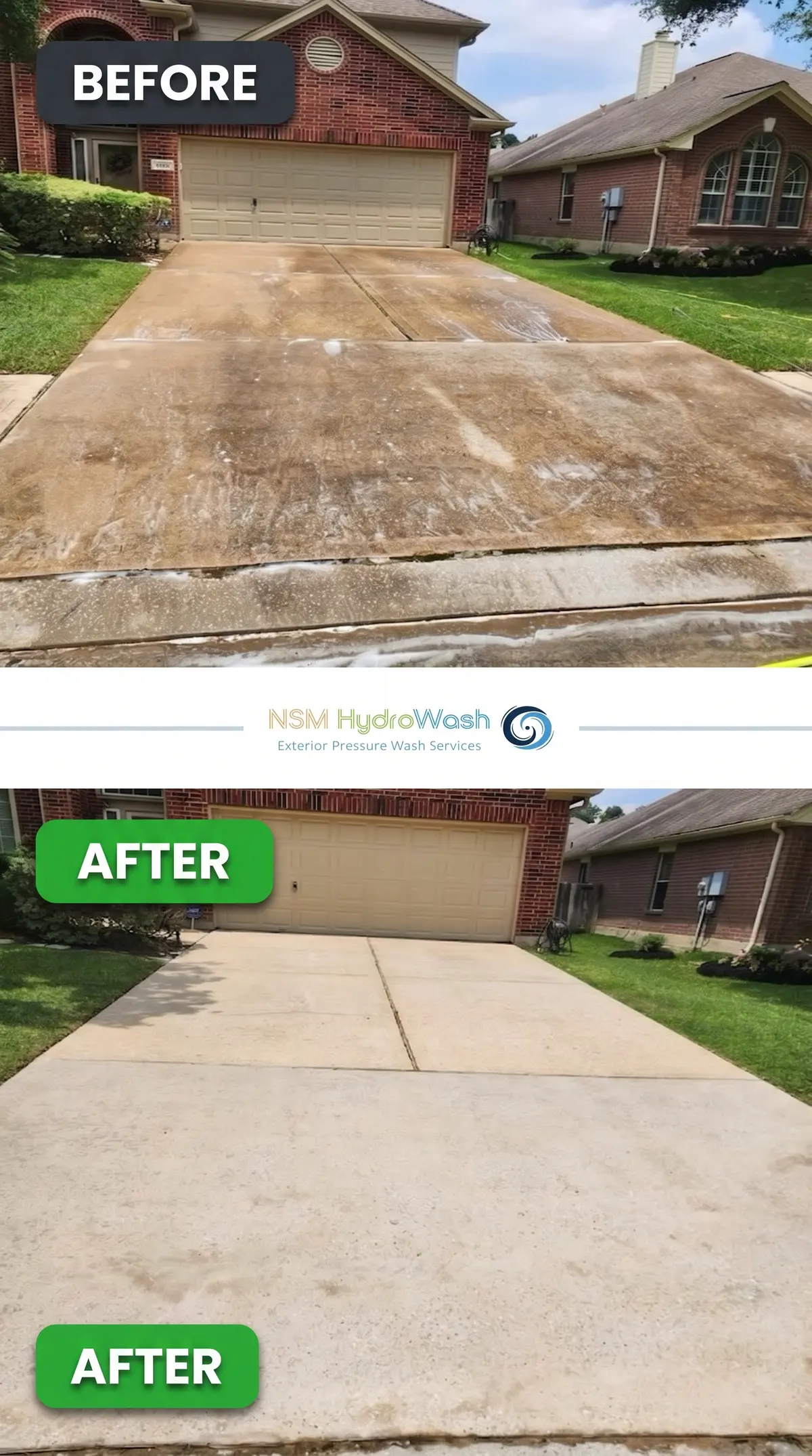 Driveway before and after — professional pressure washing results