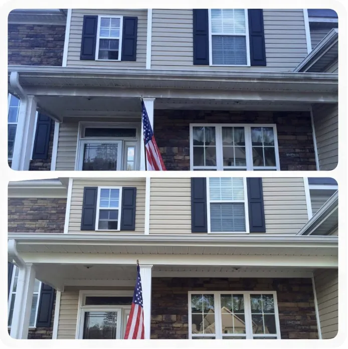 Front porch trim and gutters — dirty stained white before a bright white clean after