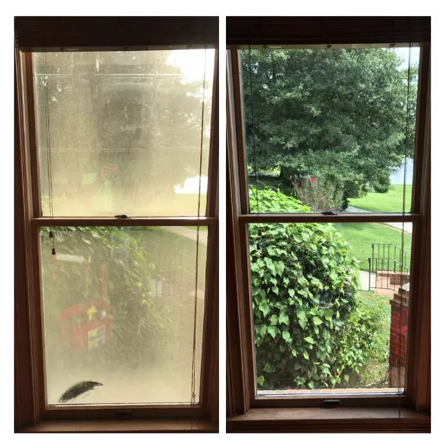 Window comparison — dirty hazy glass on left vs crystal clear clean on right